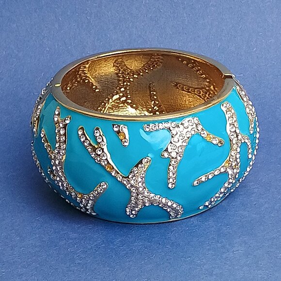 Coral Reef Pattern Glam Chunky Enamel Hinge Cuff Clamper Bracelet Turquoise - Picture 4 of 10